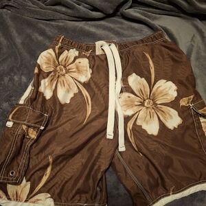 Floral Brown Cargo Swim Shorts